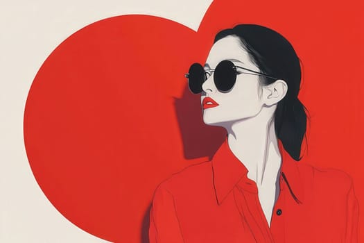 A striking fashion illustration depicts a woman in sunglasses, dressed in a red top, set against a vibrant red background. The clean design emphasizes elegance and modern style.