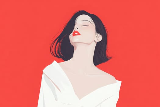 This artwork features a woman with a serene expression, wearing a white off-shoulder top. The bold red background enhances her graceful pose and elegant demeanor, embodying modern minimalism.