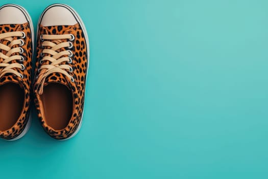 Leopard print sneakers are neatly arranged on a bright blue surface, showcasing their fashionable design and playful vibe, perfect for casual outings and stylish ensembles.