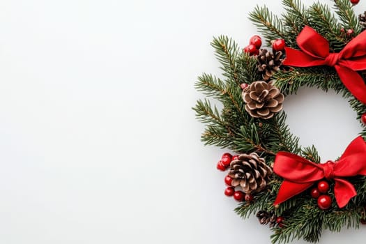 A beautifully crafted festive wreath featuring pinecones and vibrant red bows is placed against a clean, solid background. This decorative piece adds a touch of holiday spirit to any setting.