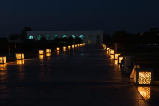 View of Sheikh Zayed White Mosque park in Abu Dhabi, UAE at night