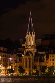 The Church Saint George in Lyon, France at night. Vertical shot