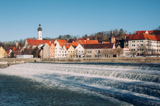 Landscape of Landsberg am Lech river bank, view in warm winter, at Bavaria Germany Europe