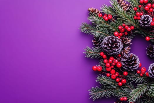A beautifully crafted festive wreath features green pine branches, frosted pinecones, and bright red berries against a striking purple backdrop, perfect for holiday decorations.