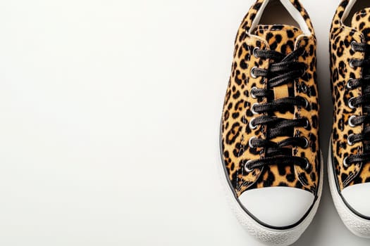 These leopard print sneakers are arranged neatly on a pristine white surface, highlighting their fashionable design perfect for a casual day out or adventurous style.