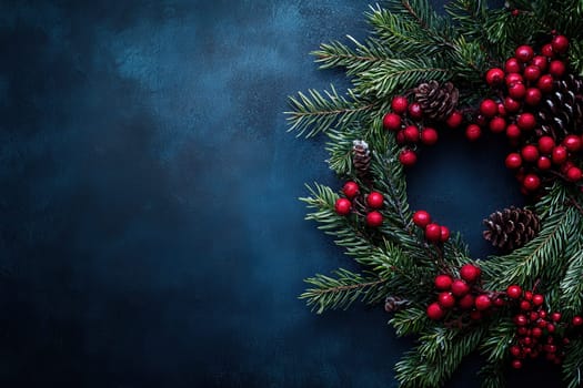 A beautifully crafted holiday wreath features lush green foliage, rich red berries, and rustic pinecones. The wreath is set against a deep, solid background, evoking a festive atmosphere.