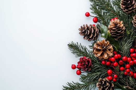 A vibrant festive wreath features pinecones, red berries, and evergreen foliage, perfect for holiday decoration. Its clean solid background highlights the seasonal charm and natural beauty.