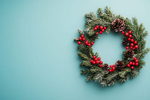 A beautifully arranged Christmas wreath features lush green pine branches adorned with vibrant red berries and elegant pine cones, creating a festive atmosphere perfect for seasonal decorations.