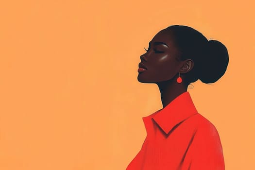 A stylish woman is depicted in profile, showcasing a minimalist fashion design in red. Her poised expression and elegant silhouette capture the essence of modern sophistication.