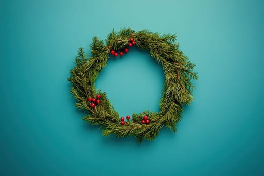 A vibrant wreath made of fresh greenery is decorated with bright red berries, creating an appealing holiday decoration against a solid turquoise background, perfect for festive celebrations.