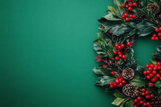 A vibrant holiday wreath made from lush greenery, red berries, and pinecones rests against a solid green backdrop, evoking a cheerful and festive spirit perfect for seasonal decorating.