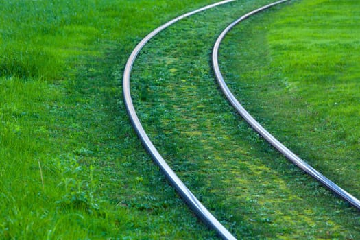 Tram rails covered with green grass lawn in Bilbao, Spain