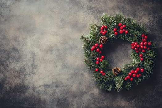A beautifully crafted Christmas wreath hangs against a rustic backdrop. It features vibrant red berries and pinecones, enhancing the festive spirit and charm of the holiday season.