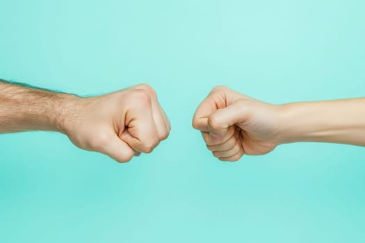 Two fists come together in a fist bump, symbolizing camaraderie and connection against a bright blue background. The clean setting emphasizes the unity and enthusiasm of the gesture.