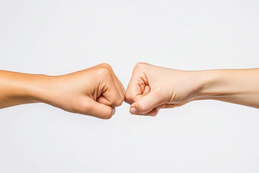 A fist bump is exchanged between two individuals, one with a darker skin tone and the other with lighter skin. The clean white background emphasizes their connection and camaraderie.