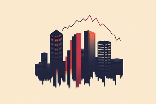 The artwork features a clean, minimalist depiction of skyscrapers in a city. A declining graph looms above, symbolizing a financial crisis impacting the urban landscape.