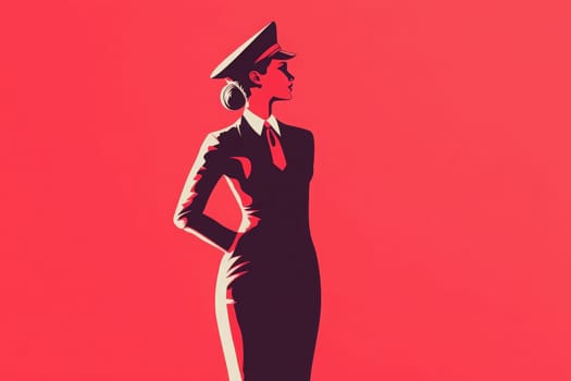 A flight attendant stands elegantly, showcasing a polished look in a minimalist design. The bright red backdrop enhances her professional aura, embodying confidence and service in aviation.
