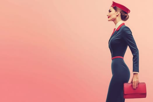 A flight attendant dressed in a sleek uniform and a matching cap walks gracefully, exuding professionalism. The soft pink background enhances her poised demeanor, creating a minimalistic aesthetic.