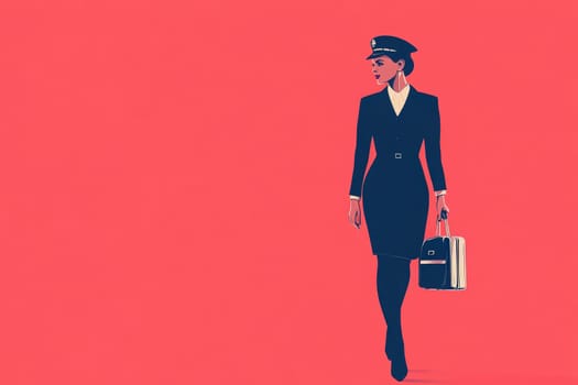 The flight attendant strides purposefully in a polished uniform, exuding professionalism and elegance with a briefcase in hand. The striking background color enhances her poised demeanor.