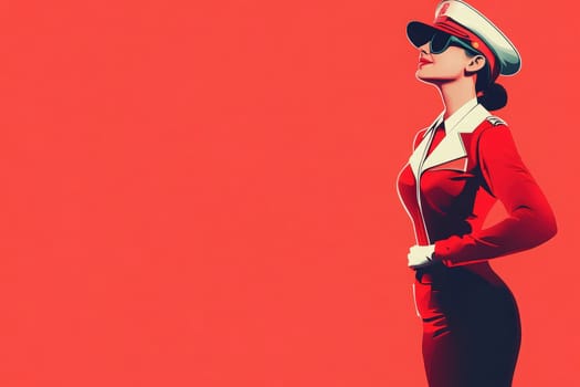 This flight attendant stands proudly in a striking red uniform, wearing a stylish cap and sunglasses. The minimalist design highlights her confident posture, set against a bold background.