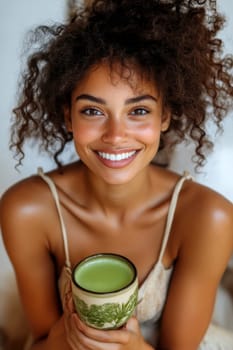 sitting smiling young woman drinking matcha tee. AI generative.
