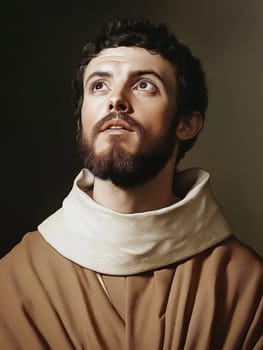 st Francis of Assisi, young man, monk, beard, brown clothing, AI generative.