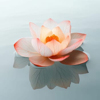 Lotus leaf, water reflection, perspective aesthetics, soft gradient colors, red and yellow, minimalist image from ancient China. AI generative.