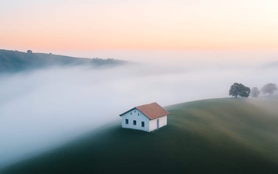 A lone white house stands on a grassy hill, surrounded by a sea of fog at sunrise, creating a serene and ethereal landscape.
