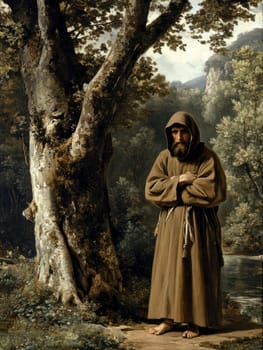 st Francis of Assisi, young man, monk, beard, brown clothing, AI generative.