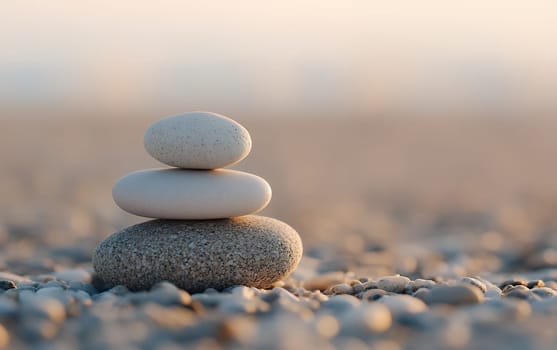 A stack of three smooth, round stones balances perfectly on a pebble beach, symbolizing harmony and meditation, with soft dawn light.