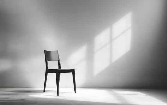 A lone wooden chair casts long shadows in an empty room, illuminated by soft sunlight streaming through an unseen window, creating a serene atmosphere.