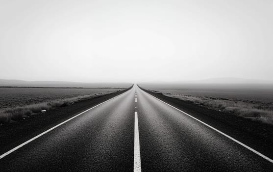 A straight road stretches to the horizon through a vast, empty plain under an overcast sky, symbolizing journey and solitude.