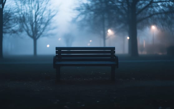 An empty park bench stands alone in a foggy night scene, illuminated by distant streetlights casting a moody blue glow through bare trees.