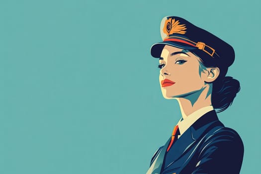 A flight attendant stands proudly, showcasing a sleek uniform with a distinctive hat. The minimalist design emphasizes her professional demeanor and elegance in the aviation industry.