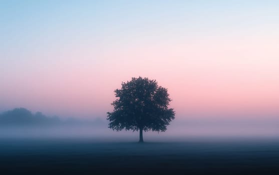 A solitary tree stands silhouetted against a pastel sky at dawn, surrounded by a misty field creating a serene and ethereal atmosphere.