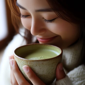 sitting smiling young woman drinking matcha tee. AI generative.