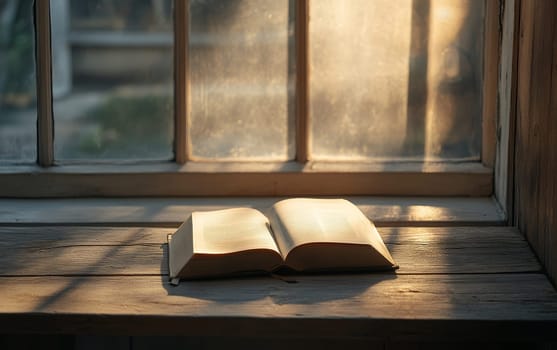 An open book rests on a wooden windowsill, bathed in warm sunlight filtering through dusty glass panes, creating a cozy reading atmosphere.