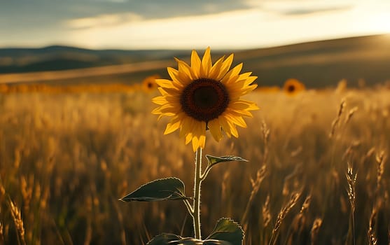 A vibrant sunflower stands tall amidst a golden wheat field, illuminated by the warm glow of sunset, with rolling hills in the background.