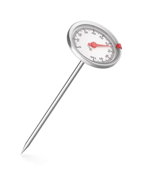 Round kitchen thermometer with Celsius scale on white background