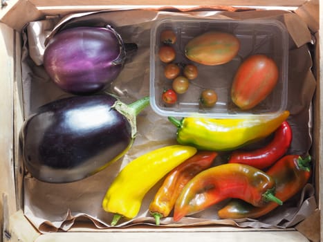 vegetables in a crate including aubergines tomatoes and bell peppers