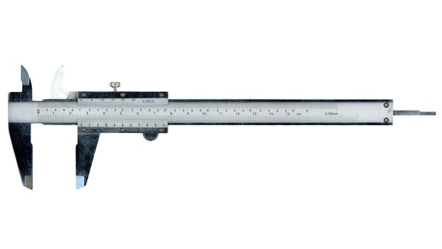 calliper measuring tool with metric and imperial engineering units isolated over white background