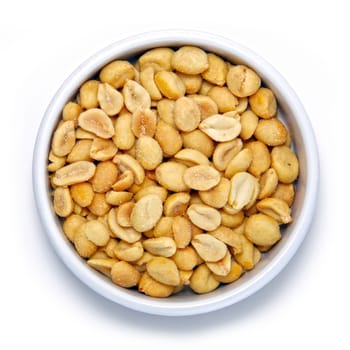 Salted peanuts in round container on a white background