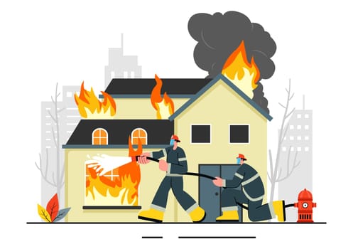 Fire Department Vector Illustration featuring Firefighters Extinguishing House Fires and Rescuing People in Various Situations with a Flat Background
