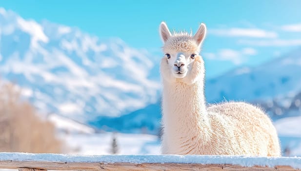 White alpaca standing in snow with mountain background