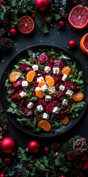 Salad with beetroot, tangerines, feta cheese and arugula,. AI generative