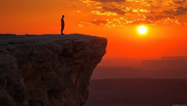 Silhouette of a man standing on a cliff edge at sunset. Concept of adventure, success, freedom and challenge.