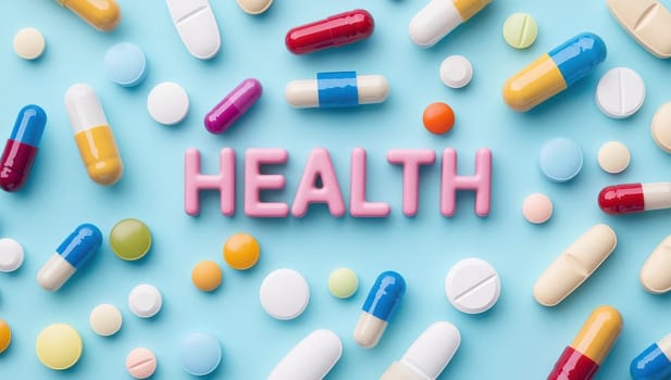 Colorful pills and tablets around the word health. Concept of medicine, medication and treatment.