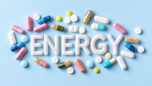 Energy Boost Concept,  Pills and Capsules Forming the Word ENERGY
