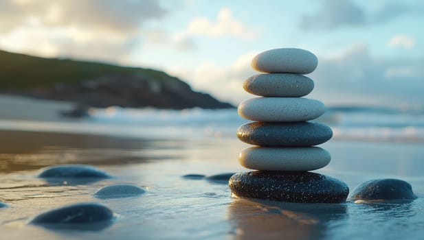 Zen balanced stones on beach at sunset. Concept of balance, harmony, and relaxation.