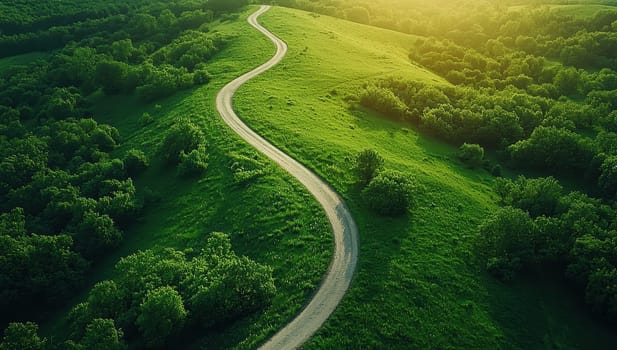 Winding road through lush green hills. Concept of journey, adventure, and travel.